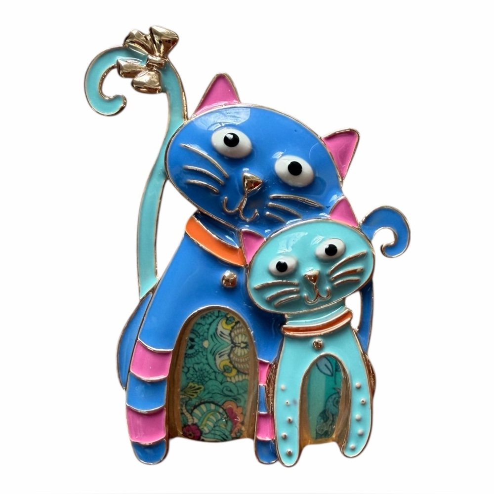 Whimsical‎ Enamel Cat & Kitten Brooch / Pin Cartoon